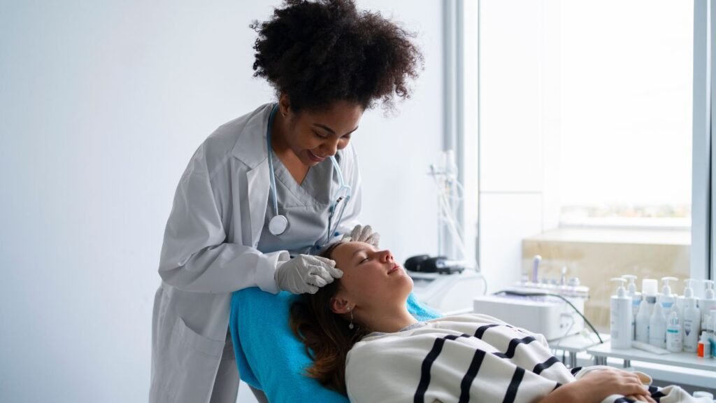 Um dermatologista examinando a pele de um paciente com cuidado e atenção.