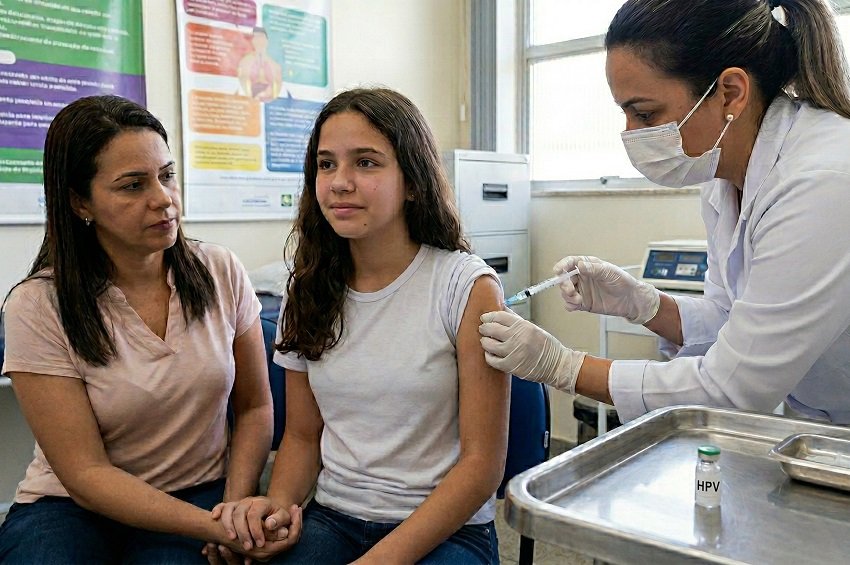 Mulheres recebendo vacina contra HPV em campanha de saúde pública