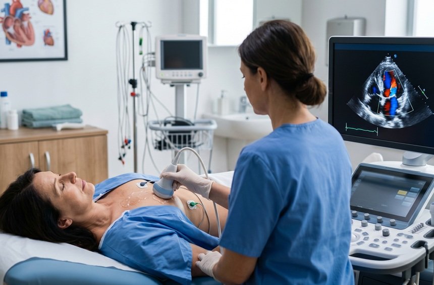 Ecocardiograma de estresse em imagem que demonstra a avaliação cardiovascular durante esforço físico