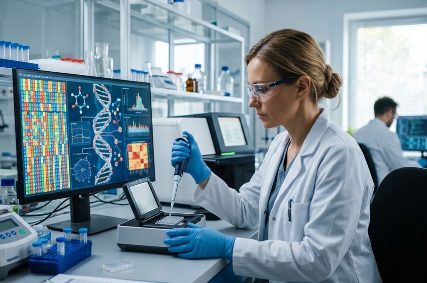 Representação gráfica dos avanços na genômica na oncologia destacando a importância do sequenciamento genético para tratamentos de câncer.