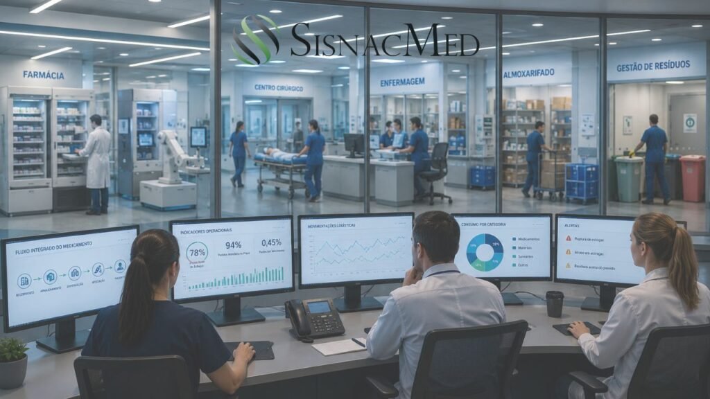 Profissional de saúde analisando dados em um tablet em um ambiente hospitalar